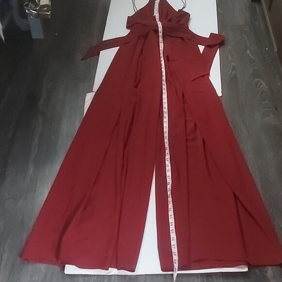 Luxxel Strapped Keyhole Front  Burgundy Wide Leg  Belted  Elastoc Jumpsuit M - Picture 8 of 13